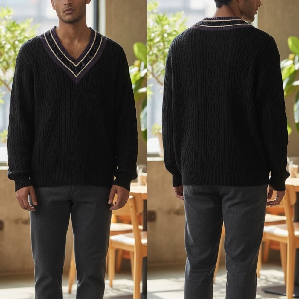 Claiborne Men's Black Cable Knit V-Neck Sweater with Contrast Trim size SMALL